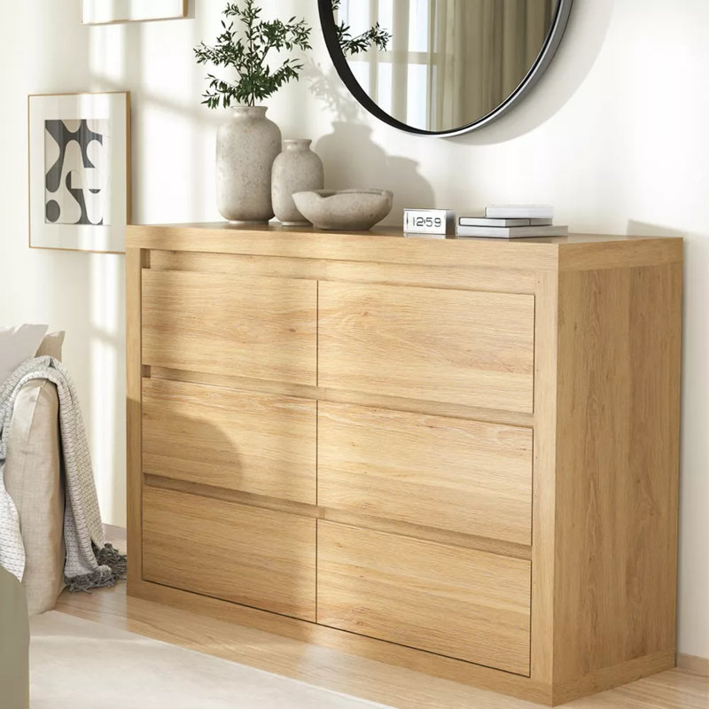 Commode 6 tiroirs moderne en bois avec design sans poignée, large commode de rangement pour le salon de la chambre, Naturel