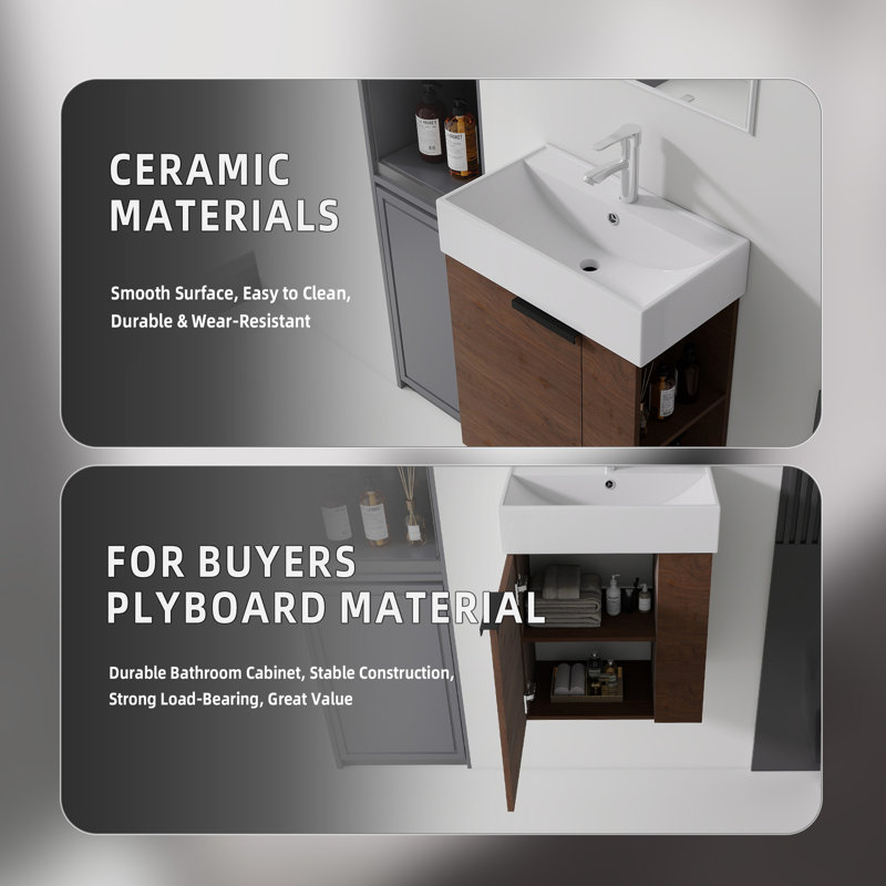 Meuble-lavabo flottant 21,6 po avec lavabo, porte à fermeture en douceur, évier en céramique, contreplaqué, brun, Brun