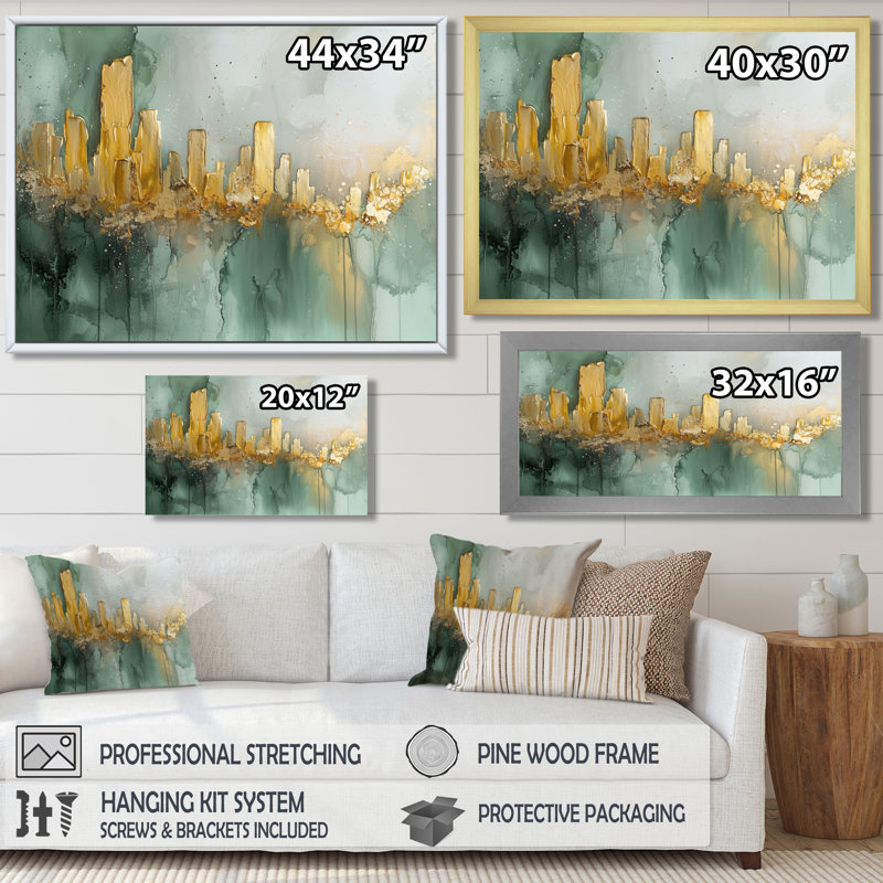 Emerald and Marble City Urban Jazz II - Art mural moderne abstrait abstrait, H 34 po x l 44 po, Cadre flottant, Argent argent