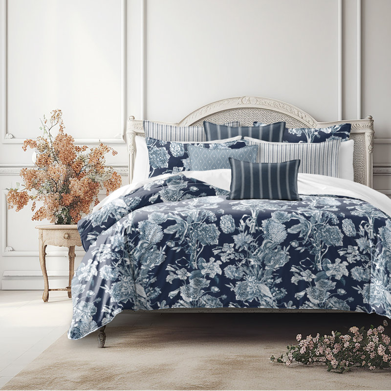Alexandria Indigo Cotton Duvet Cover Set, King Duvet Cover + 7 Additional Pieces