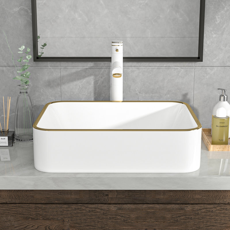 Mocoloo Ceramic Vessel Bathroom Sink Bathroom Sink with Decorative Rim, White/Gold, 5.5" H x 19" L x 15" W, Rectangular