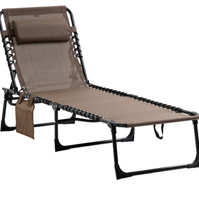 Folding Garden Chaise Lounge With Adjustable And Removable Pillow - Reclining Chair, Brown For Patio, Beach Patio Portable Sun Lounger Back. Camping Cot, Pillow,