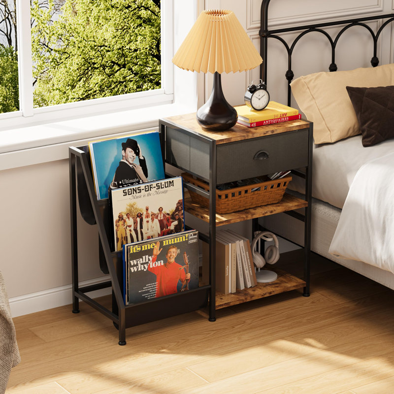 Record Player Stand Storage With 3-Tier And Fabric Drawer, Turntable Table Holds Up To 280 Albums, Cabinet CD Rack For Living Room, Retro Side Table, Holder Display Shelf