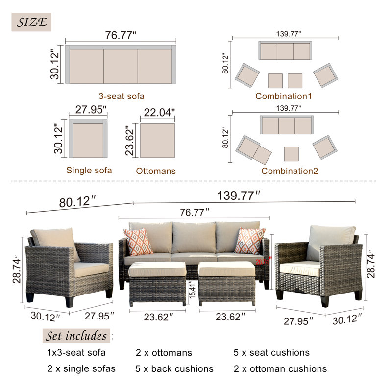 Ensemble de conversation avec canapé en rotin 5 pièces Harbin, Beige, No