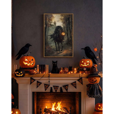 Ornate Framed Vintage Gothic Halloween Headless Horseman Black Horse Pumpkin Misty Church Framed Canvas Print Wall Art