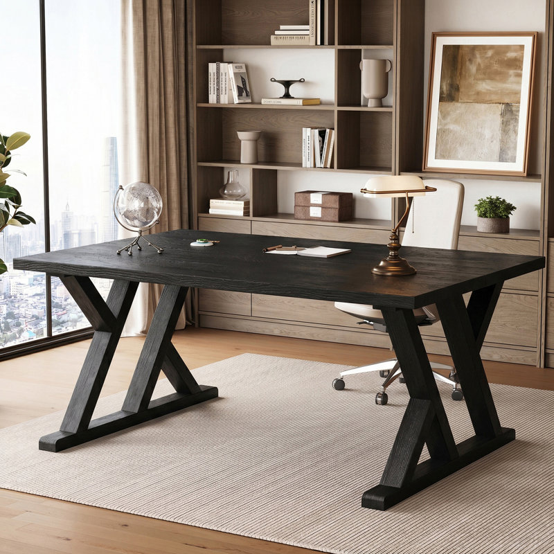 Bureau de direction 63 po en bois massif, grand bureau à domicile en bois Farmhouse, Black