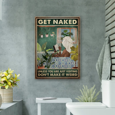 Black Girl Reading Book In Tropical Bathroom - Get Naked Gallery Wrapped Canvas - Bath And Laundry Decor, Brown And Green Bathroom Decor