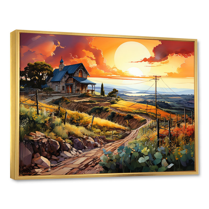 Vineyard Sunset - Vineyard Wall Art Living Room, H 24 po x l 32 po x P 1 po, Cadre flottant doré