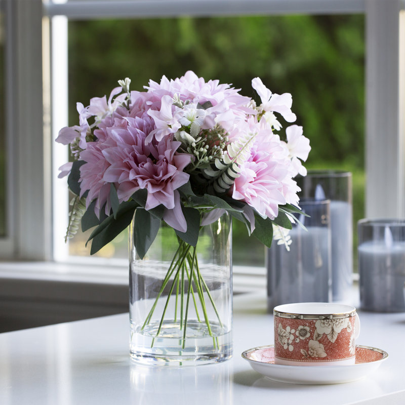 Arrangement floral dahlia artificiel dans un vase en verre transparent, Rose