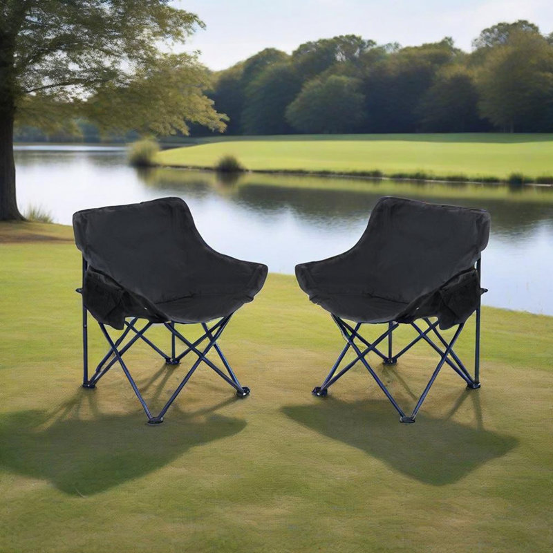 Deux chaises de camping d'extérieur avec poche latérale, Noir