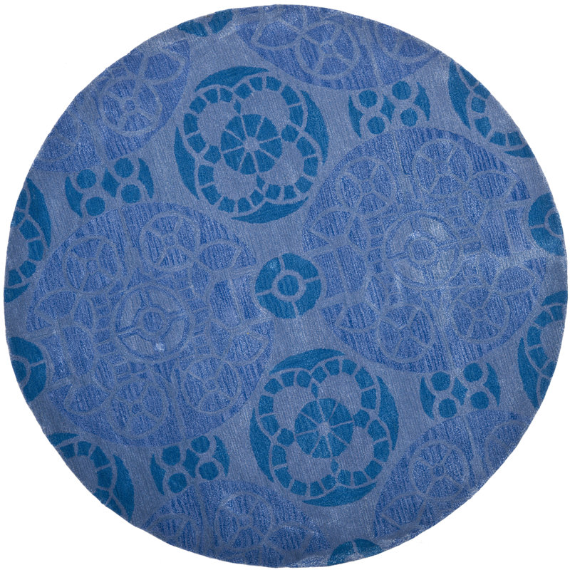 Kouerga Hand Tufted Wool/Viscose Damask Rug in Blue, Round 7'