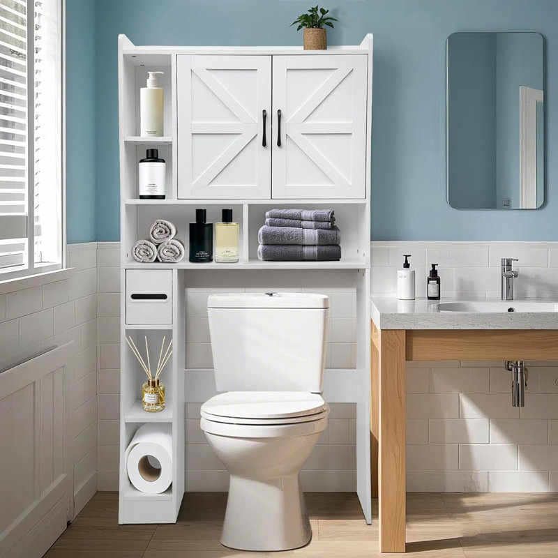 Over The Toilet Storage Cabinet, Space Saving Bathroom Organizer With Toilet Paper Holder, 2 Barn Doors, Storage Shelves, Waterproof Wooden Toilet Racks For Bathroom, Laundry, White
