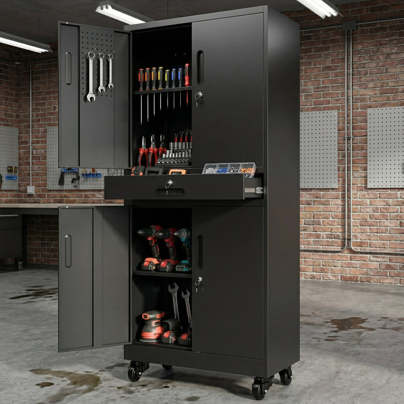 71" Metal Storage Cabinet With Drawer & Locking Doors, Heavy Duty Utility Cabinet With 2 Adjustable Shelves, Pegboard, 8 Hooks & Rolling Wheels For Home, Office & Utility Room