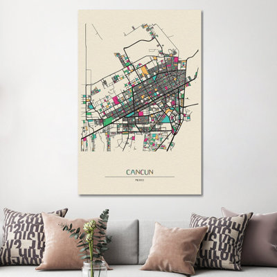 Cancun, Mexico Map by Ayse Deniz Akerman - Wrapped Canvas Print