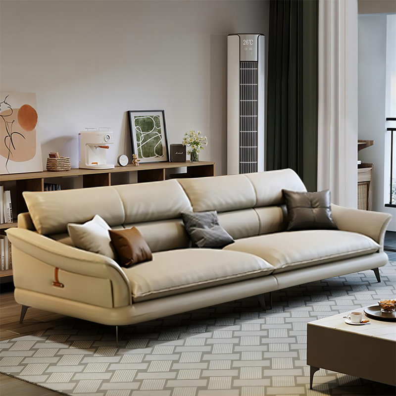 Canapé modulaire en cuir crème blanc cassé, Crémeux, 32,68 po H x 94,49 po L x 37,4 po P, 3