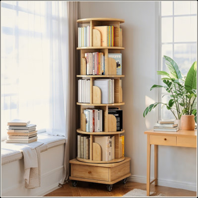6 Tier Rotating Bookshelf, 360° Display Round Spinning Bookshelf With Wheels And Drawer, Space-Saving, Small Space Rotating Bookshelf Tower For Bedroom, Living Room, Home, Office