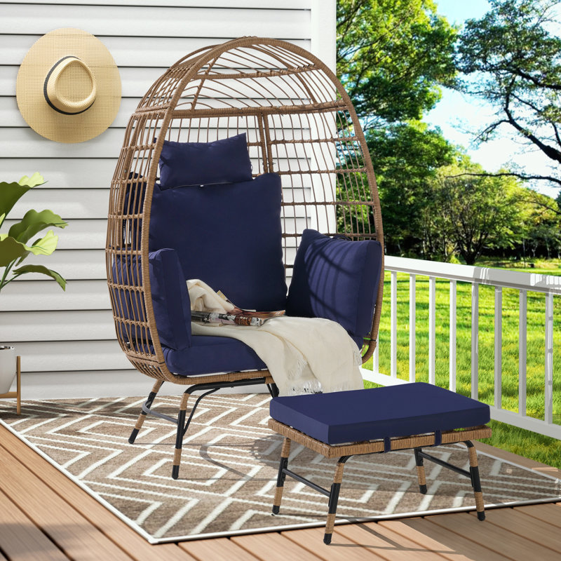 Fauteuil en rotin avec repose-pieds et coussins épais, Bleu très foncé