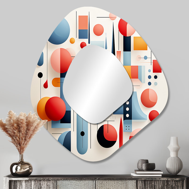 Bleu et rouge minimalisme forme I - miroir mural abstrait de forme irrégulière unique, miroir asymétrique moderne, art imprimé en métal