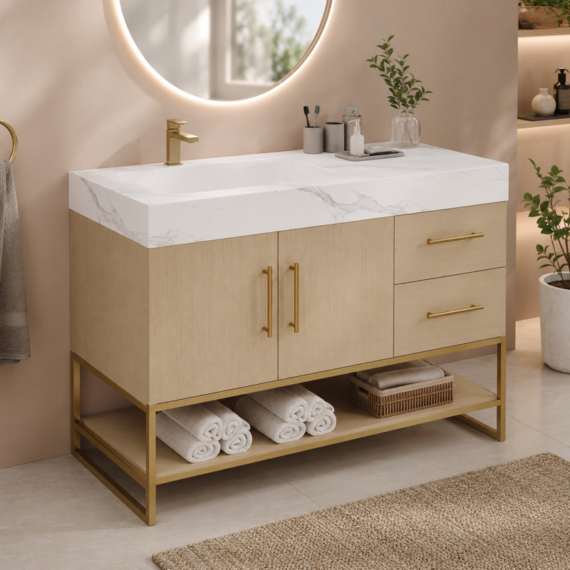 Meuble-lavabo Heywood avec lavabo en céramique et plateau en pierre frittée., Wood