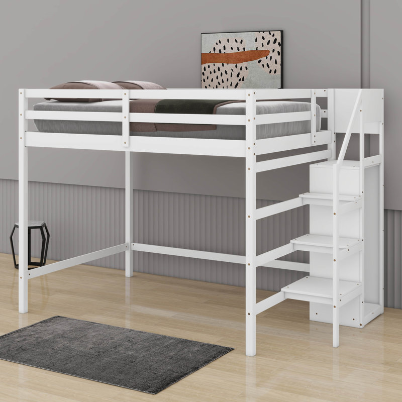 Lit mezzanine double avec garde-robe et escalier, Blanc