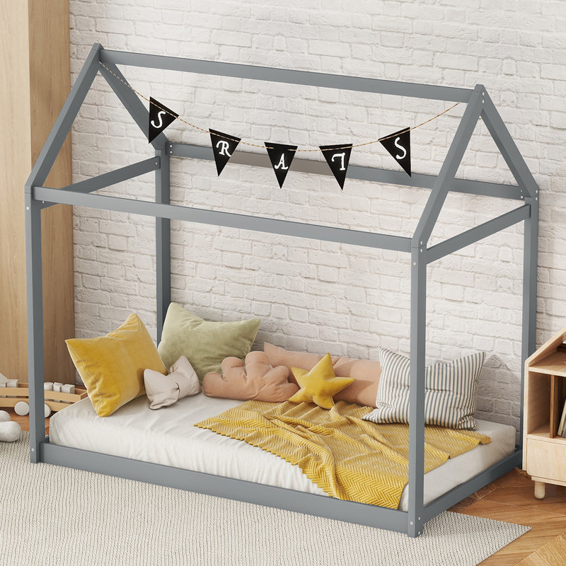Twin Size Wooden House Bed, Gray, Gray