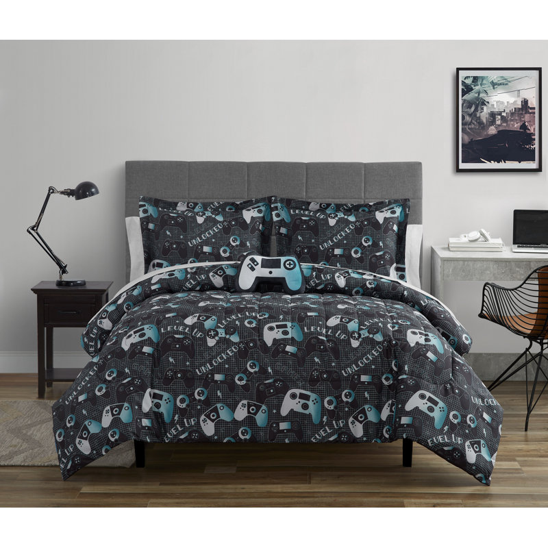 Twin Gray and Aqua Reversible Gaming Microfiber Comforter Set