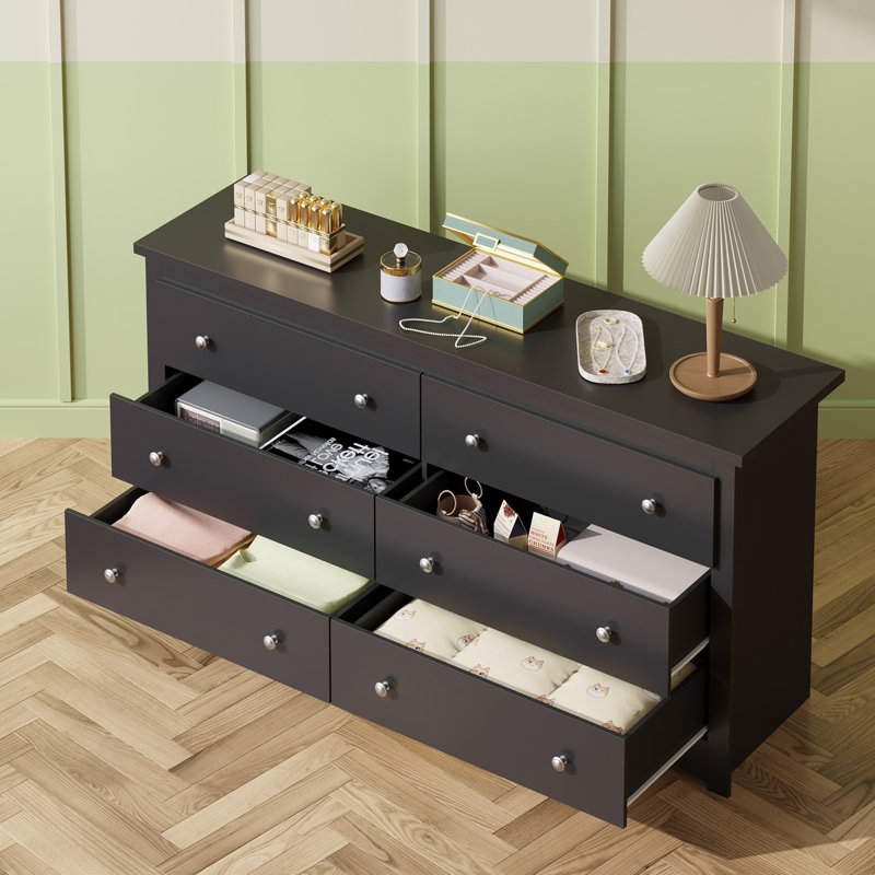 59" W 6-Drawer Wooden Dresser with Elegant Double Handles for Bedroom, Modern Large Storage Organizer with Solid Legs, Chest of Drawers for Living Room, Hallway