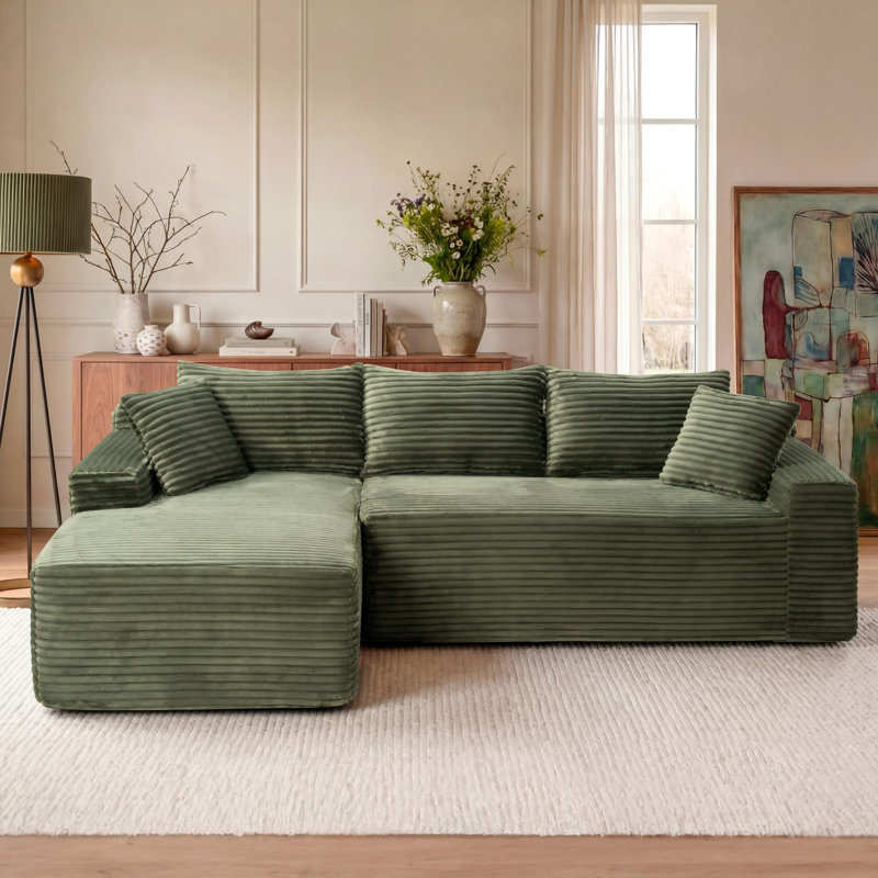 Canapé modulaire rembourré en velours côtelé 94,5 po, canapé et méridienne en mousse compressée sans os avec 2 coussins et poches latérales - aucun assemblage requis