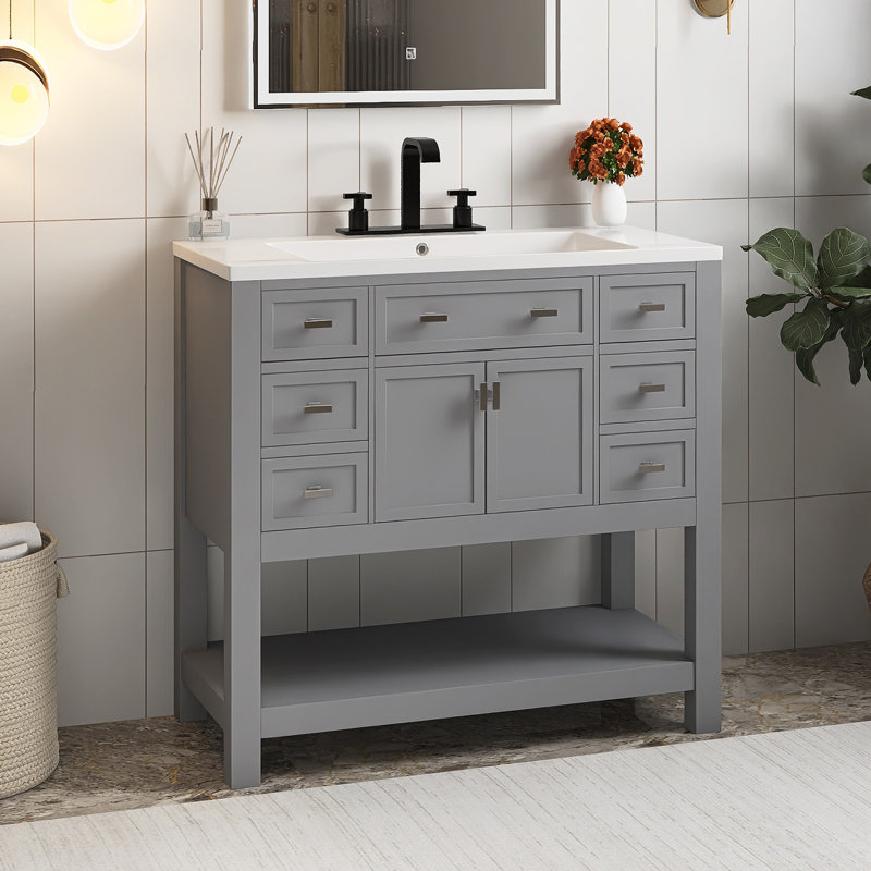 36'' Freestanding Bathroom Vanity With Top Sink, Grey
