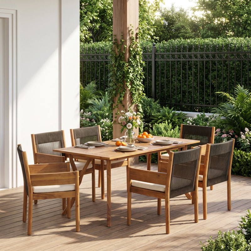 Ensemble de salle à manger d'extérieur Celia pour 6 personnes, style côtier moderne, en bois d'acacia, avec chaises à accoudoirs tressés, coussins et table à lattes à pieds incurvés.