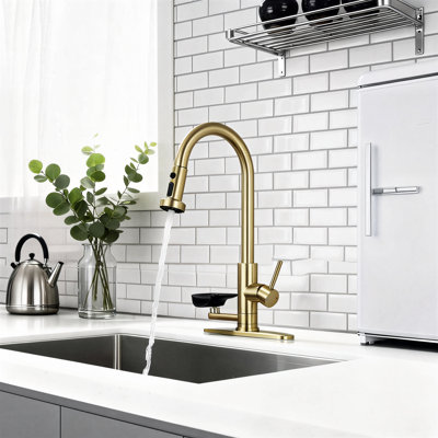 Brushed Gold 3-In-1 Kitchen Faucet, High-Arc Pull-Out Three-Speed Water Flow, With Press-Type Cup Washer, Compatible With Single-Hole And Three-Hole Sinks.