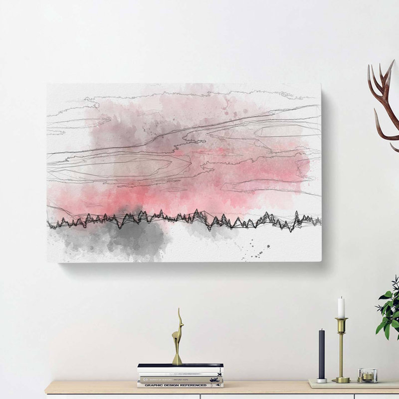 Pink Sunset Above a Forest in Abstract - Wrapped Canvas Drawing - Wrapped Canvas, 50cm H x 76cm W x 3cm D