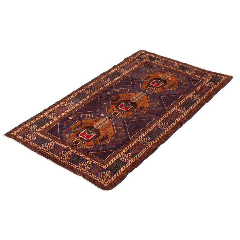 Tapis bleu marine en laine noué à la main de conception unique 3 pi 11 po x 6 pi 11 po New Age Corto