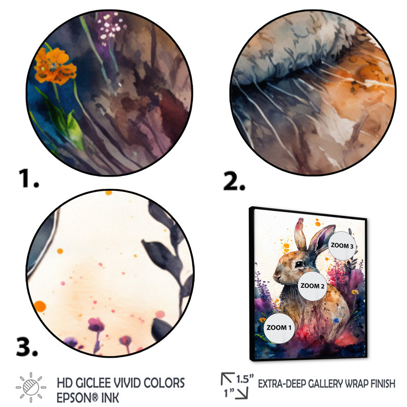 «Cute Rabbit Floral Art II», peinture sur toile, H 32 po x l 16 po x P 1 po, Toile avec cadre flottant noir