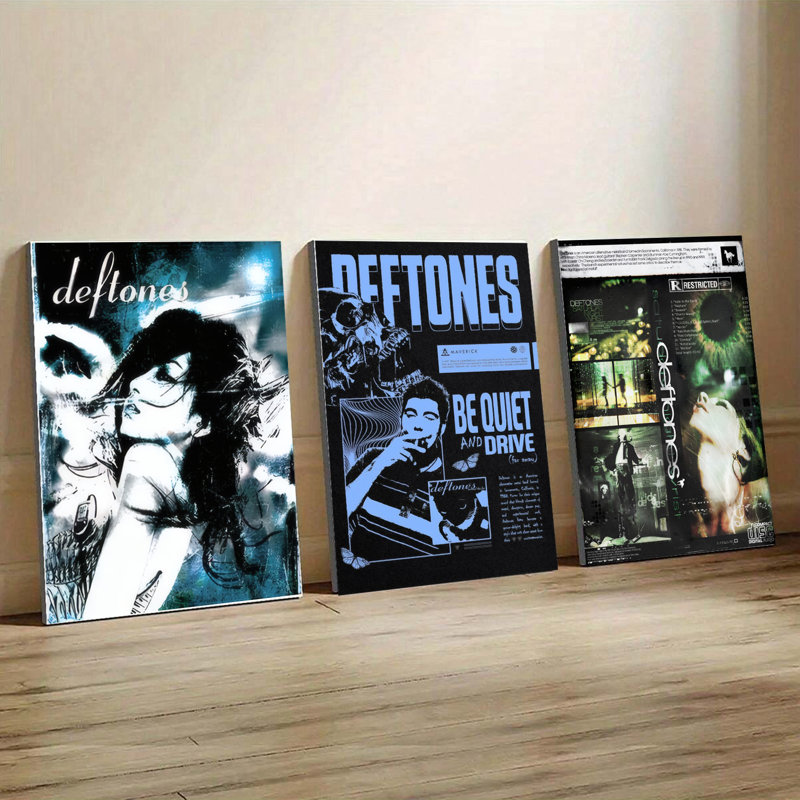 Ensemble de 3 affiches encadrées, reproductions sur toile des pochettes d'albums « Be Quiet and Drive » des Deftones, style rock vintage. Décoration murale idéale pour le salon, la chambre à coucher, le studio de musique ou comme cadeau pour les fans.