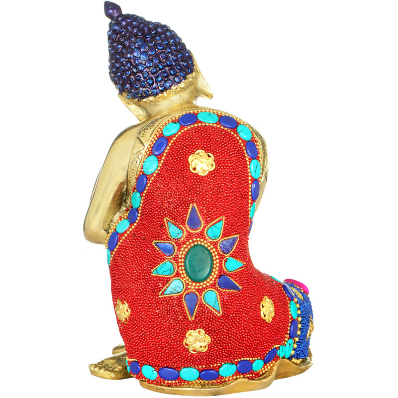 Statue de Bouddha pensant 7,5 "avec incrustation de pierre colorée - divinité zen en laiton fabriqué à la main pour la méditation