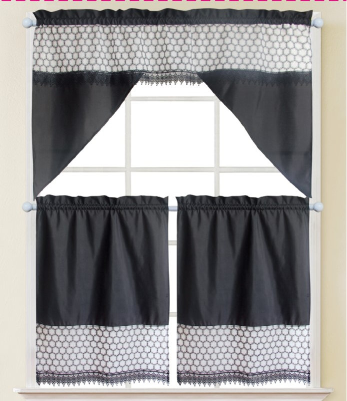 Shyler Macrame Swag 35" Kitchen Curtain Set, Black