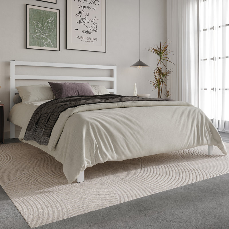Deareon Upholstered Metal Platform Bed, White, Queen