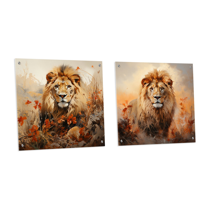 «Lion Savannah Dreams» - Ensemble d'art mural en acrylique sur verre Lion, H 16 po x l 33 po