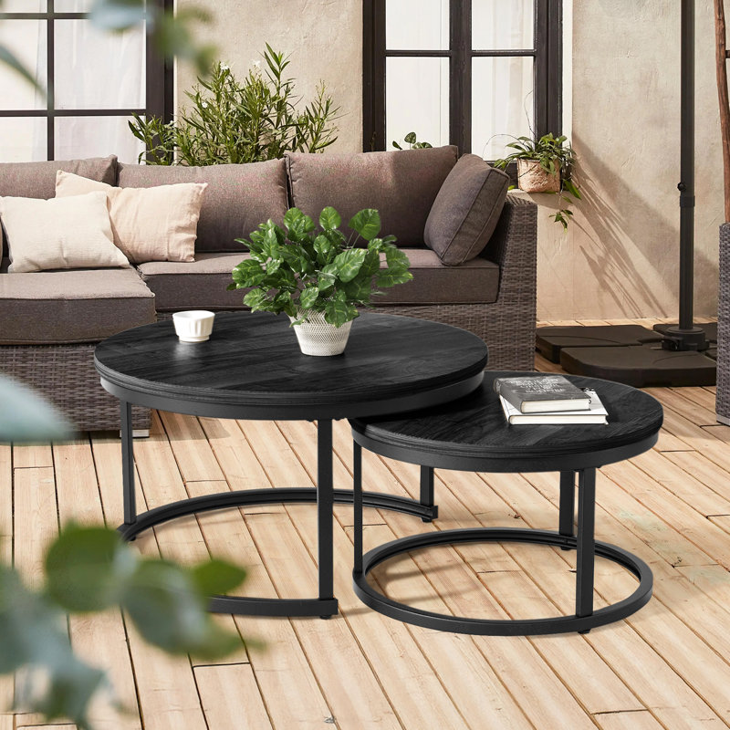 2in1 Round Coffee Table Set Modern Nesting Style End Table, Black