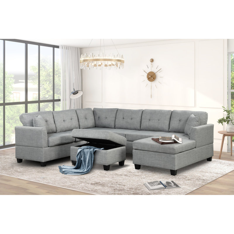 Canapé modulaire moderne de 121,3 po avec repose-pieds et canapé modulaire en U avec 2 coussins décoratifs Modern, Gris clair
