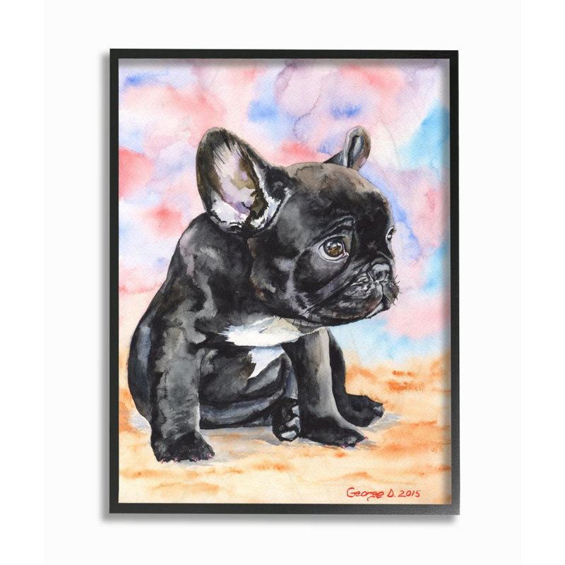 « french bouledogue chiot dog animal, peinture à l’aquarelle », impression sur toile, Giclée encadrée noir minuit