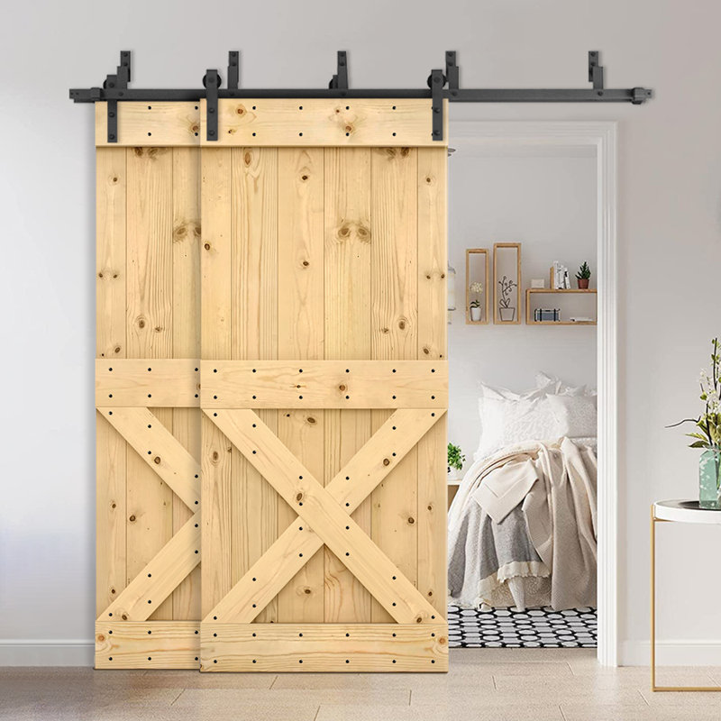 Porte de grange à double bricolage avec panneau coulissant en bois teinté Mini X Series, 44 po x 84 po, Brut