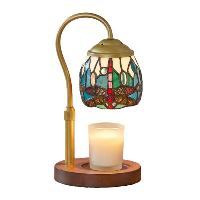 Vintage Candle Warmer Lamp, Tiffany Stained Glass with 2 Bulbs, Vintage Candle Warmer Lamp, Height Adjustable Tiffany Stained Glass Table Lamp with Timer for Jar Candles, Dragonfly