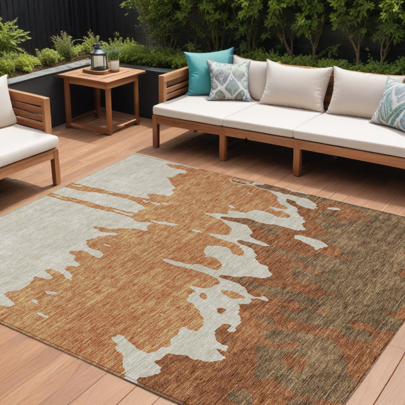 Tapis extérieur lavable abstrait orange et brun 10 pi x 14 pi