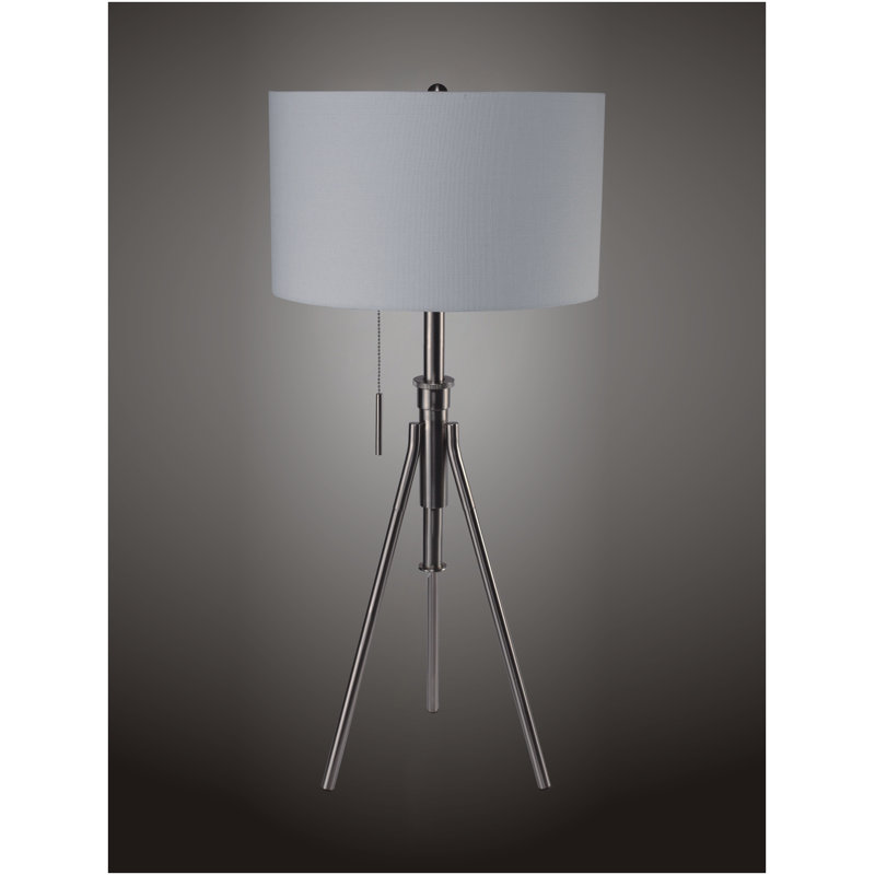 Lampe de table à trépied réglable Savala avec base en nickel brossé et abat-jour en tissu neutre