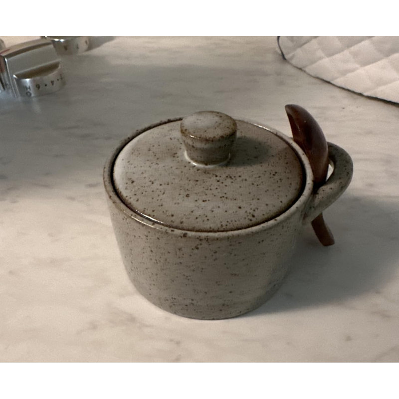 Pot à sel vintage en céramique mouchetée avec couvercle en bois, 9 cm de diamètre, pot à épices de comptoir