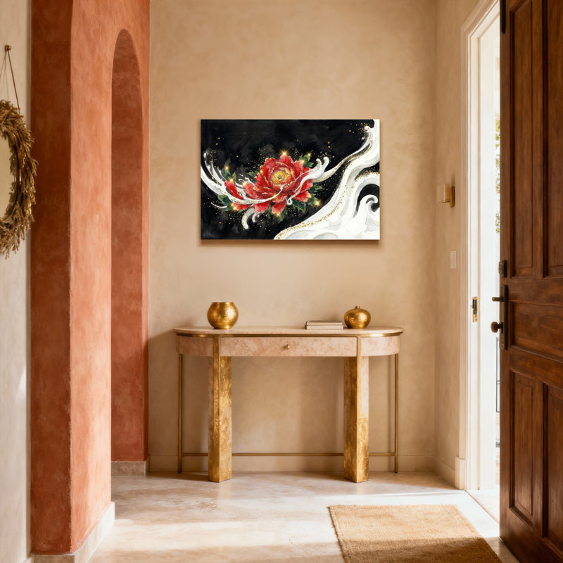 Ensemble de 1 toile imprimée abstraite représentant une rose rouge et des vagues blanches, H 24 po x l 36 po, Noir