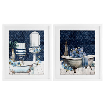 «Blue Bath Floral Interior», ensemble de 2 impressions encadrées sous verre, design par Kim Allen
