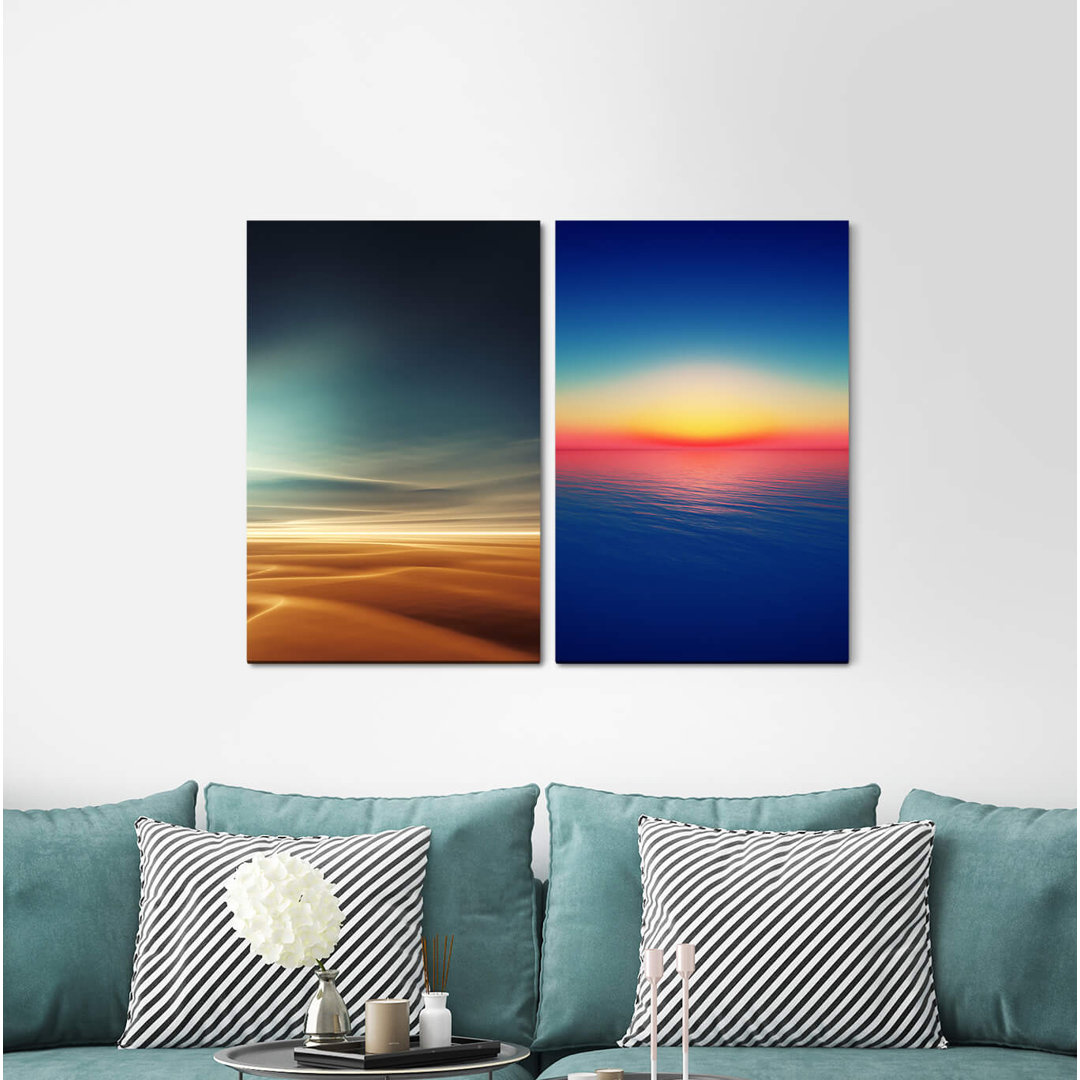 2-tlg. Leinwandbilder-Set - Grafikdruck „Desert Sahara Mediterranean Sea Horizon Sunset Sky 3D”